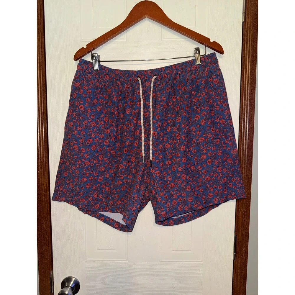Fair Harbor Mens The Anchor Swim Shorts Floral Blue Red XXL 8 Inch Inseam